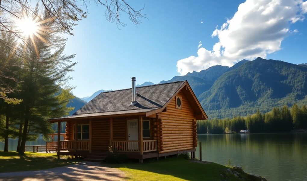 Cabane en bois au bord d'un lac avec montagnes en arrière-plan.