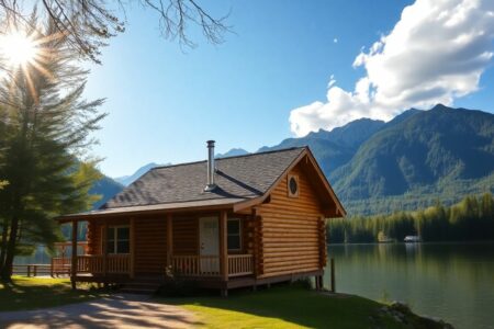 Cabane en bois au bord d'un lac avec montagnes en arrière-plan.