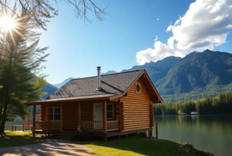 Cabane en bois au bord d'un lac avec montagnes en arrière-plan.