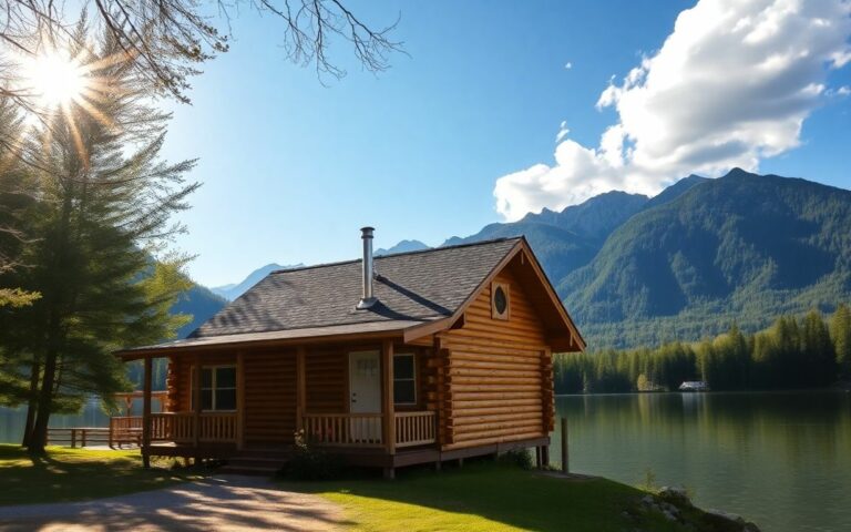 Cabane en bois au bord d'un lac avec montagnes en arrière-plan.