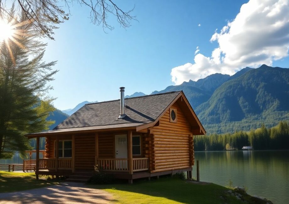 Cabane en bois au bord d'un lac avec montagnes en arrière-plan.